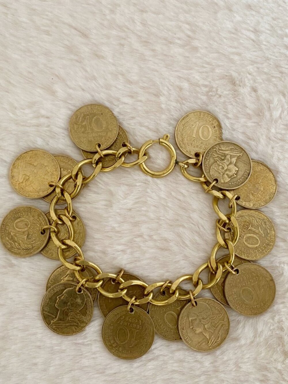 Vintage French Coin Charm Bracelet – Solid Brass, 10 Centimes Marianne Coins